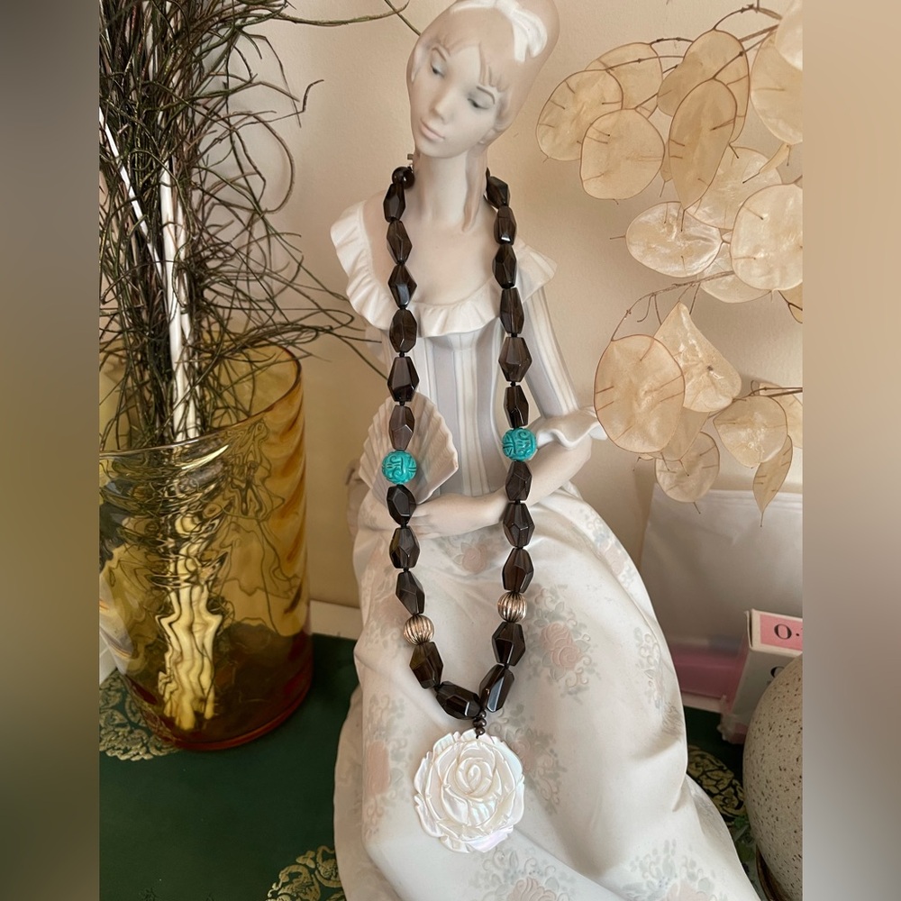 Artisan smoky quartz Turquoise silver ball mother of pearl rose Beaded Necklace